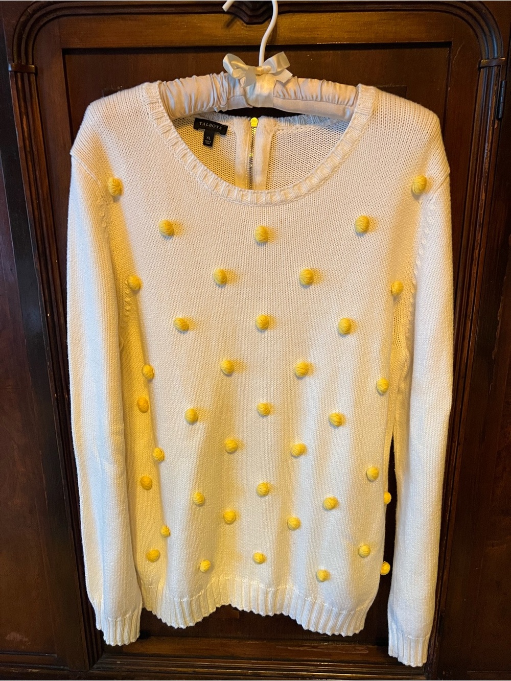 Talbots Cream Crewneck Sweater with Yellow Pom-Poms